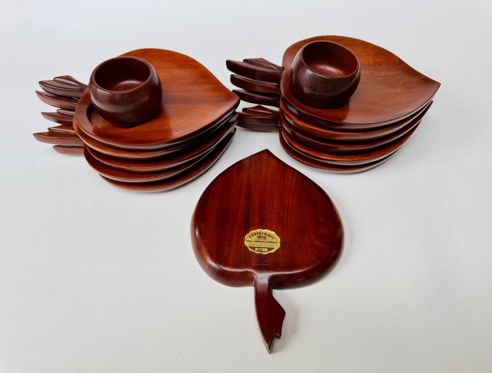 Vintage Caribcraft Mahogany Apple Snack Plates and Cups, Set of 13